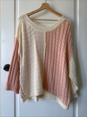 POL Colorblock Cable Knit Sweater in Cream & Blush